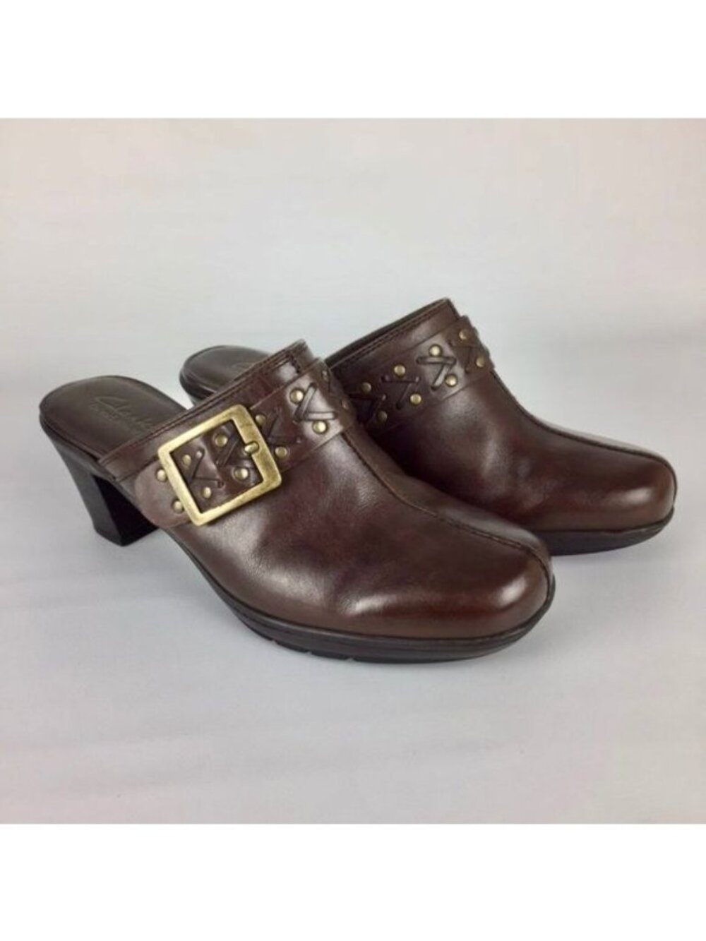 Clarks Womens Mirabelle Brown Leather Heeled Mules Comfort Shoes size 7.5W Wide